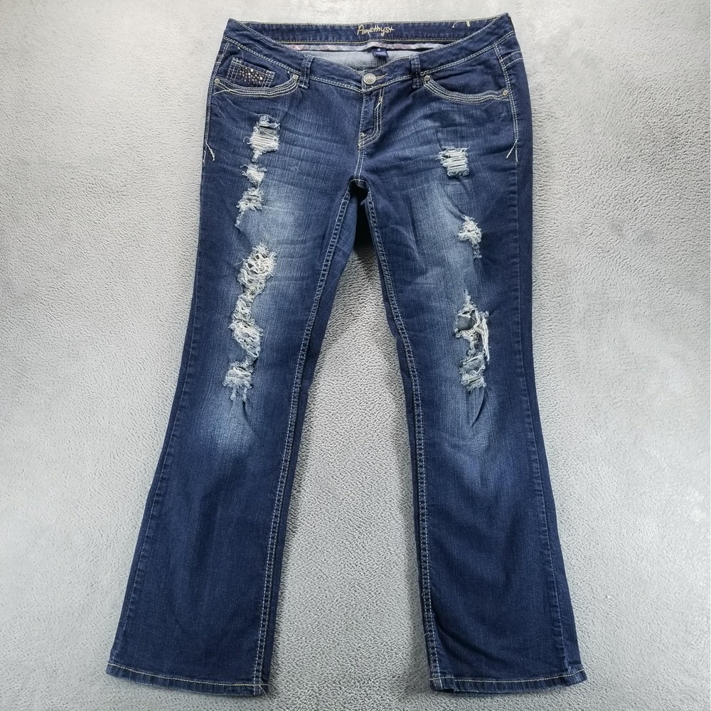 Amethyst Jeans Womens 16 Blue Bootcut Mid Rise Distressed Embroidered Studded
